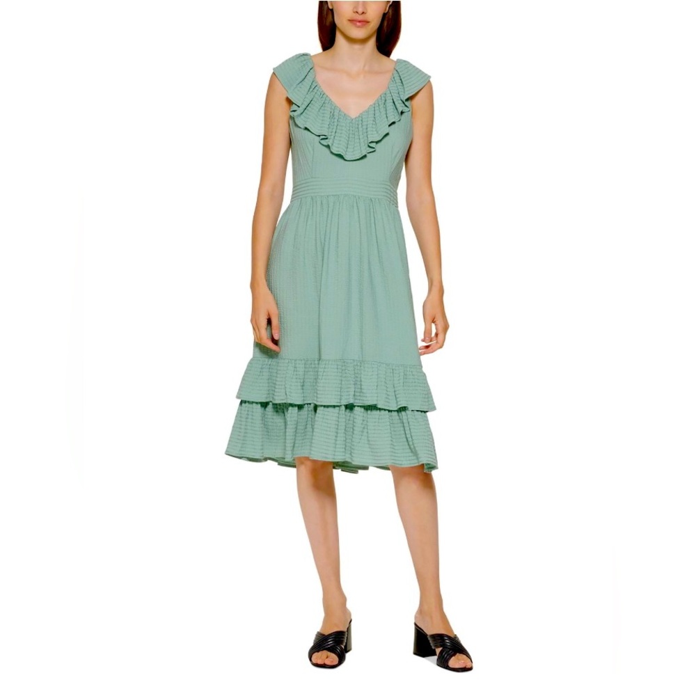 New NWT CALVIN KLEIN Sage Green Ruffled Neck & Hem V Neck Midi Dress Siz…